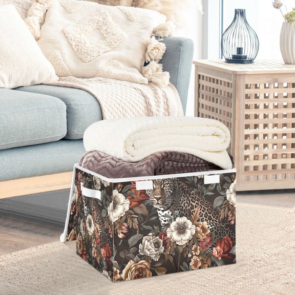 Leopard Cheetah Flowers Storage Basket Foldable Laundry Basket Shelf Kids Toy Storage Container Organizer with Handles