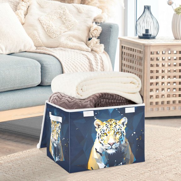 Leopard Cheetah Front Storage Basket Foldable Laundry Basket Shelf Kids Toy Storage Container Organizer with Handles