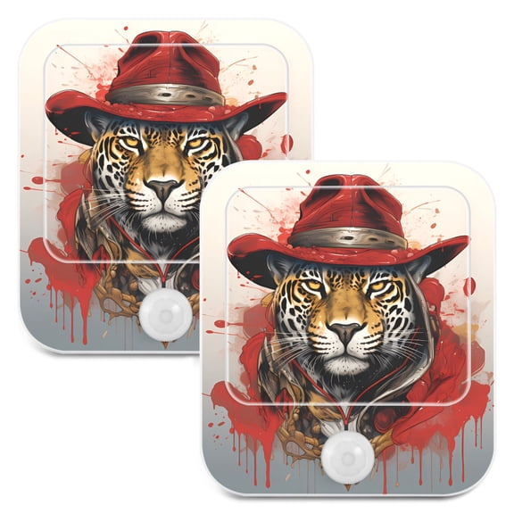 Leopard Cheetah Hat Blood Night Lights Plug into Wall LED with Auto Light Sensor Warm Light for Kids Hallway Bedroom Living Room Kitchen Bathroom Set of 2