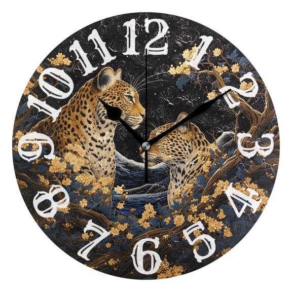 Leopard Cheetah Leaves Wood 10 inch Wall Clocks Non Ticking Easy to Read Battery Decorative for Home Bathroom Kitchen Bedroom Living Room