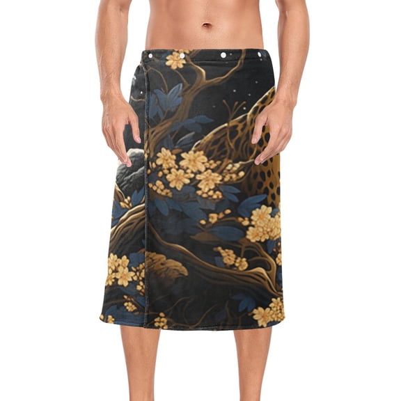 Leopard Cheetah Leaves Wood Bath Towel Wrap for Man Adjustable Shower Wrap Button Closure Body Towel for Sauna Gym