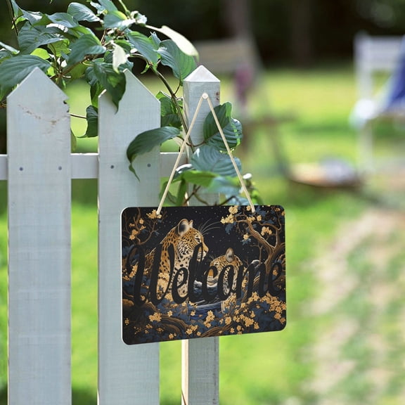Leopard Cheetah Leaves Wood Welcome Sign for Front Door Porch Wreath Door Sign Home Decoration Rustic Farmhouse Style