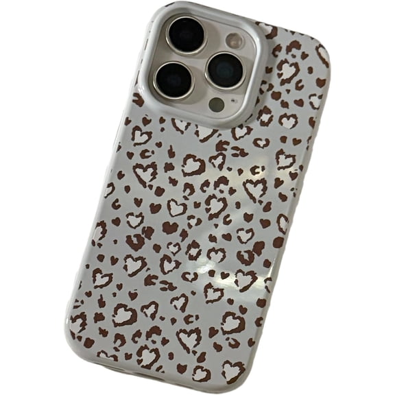 Leopard Cheetah Love Heart Print Phone Case for iPhone (White,iPhone 16 Pro)