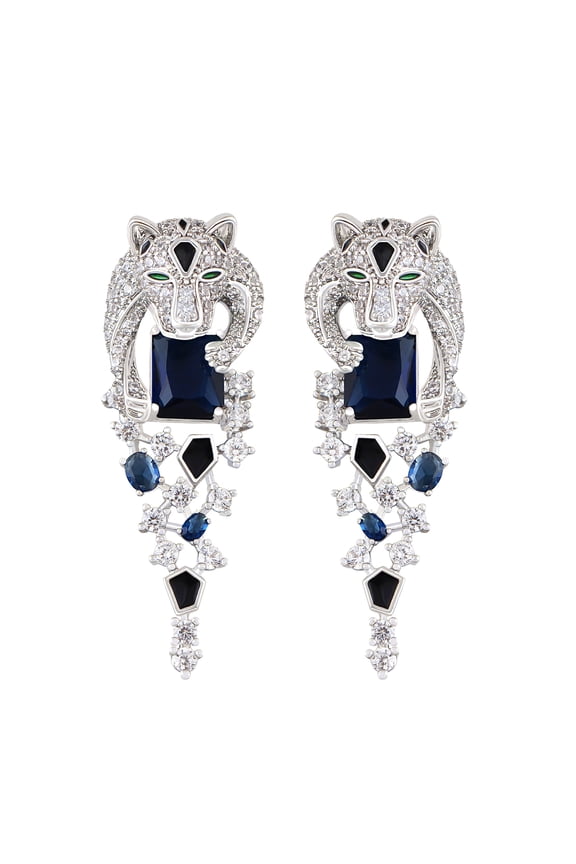 Leopard Cheetah Panther Head Zircon 925 Sterling Silver Animal Dangle Drop Earrings for Women, Blue