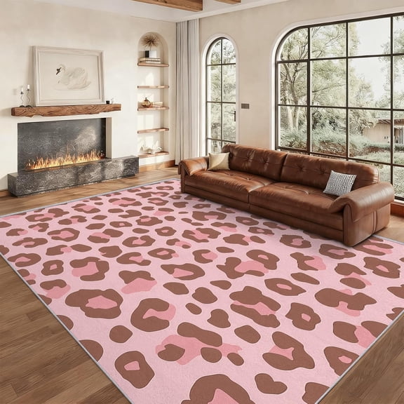 Leopard Cheetah Print Area Rug, Pink Animal Pattern Indoor Carpet, Washable Non Slip Low Pile Soft Thin Rug for Living Room Bedroom Home Decor Mat 2x3ft