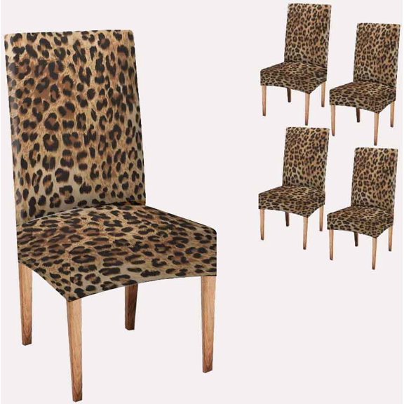 Leopard Cheetah Print Dining Chair Covers Set of 4 - Stretchable Slipcovers with Elastic Hem, Removable & Machine Washable Pet Hair Resistant Protectors