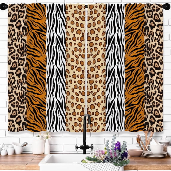Leopard Cheetah Print Kitchen Curtains Brown Orange Wild Animals Printed Bathroom Window Curtains Treatment Drapes Leopard Texture Room Decor Cafe Small Bedroom Short Curtains 26x36 Inch