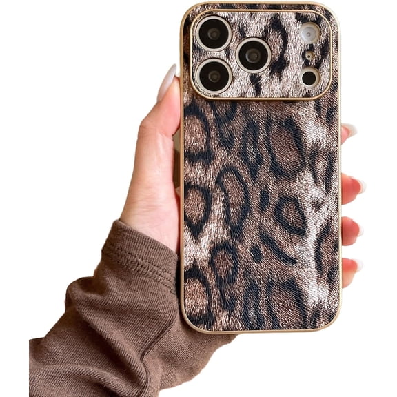 Leopard Cheetah Print Plating Side Camera Len Protection Phone Case for iPhone (Brown,iPhone 17 Pro)