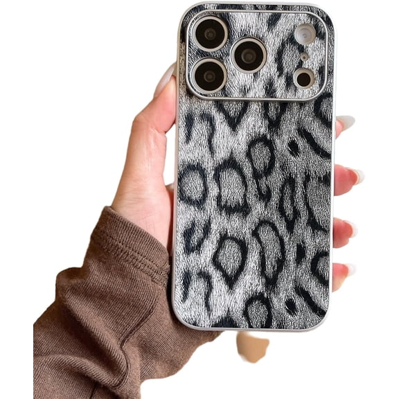 Leopard Cheetah Print Plating Side Camera Len Protection Phone Case for iPhone (Gray,iPhone 16 Pro)