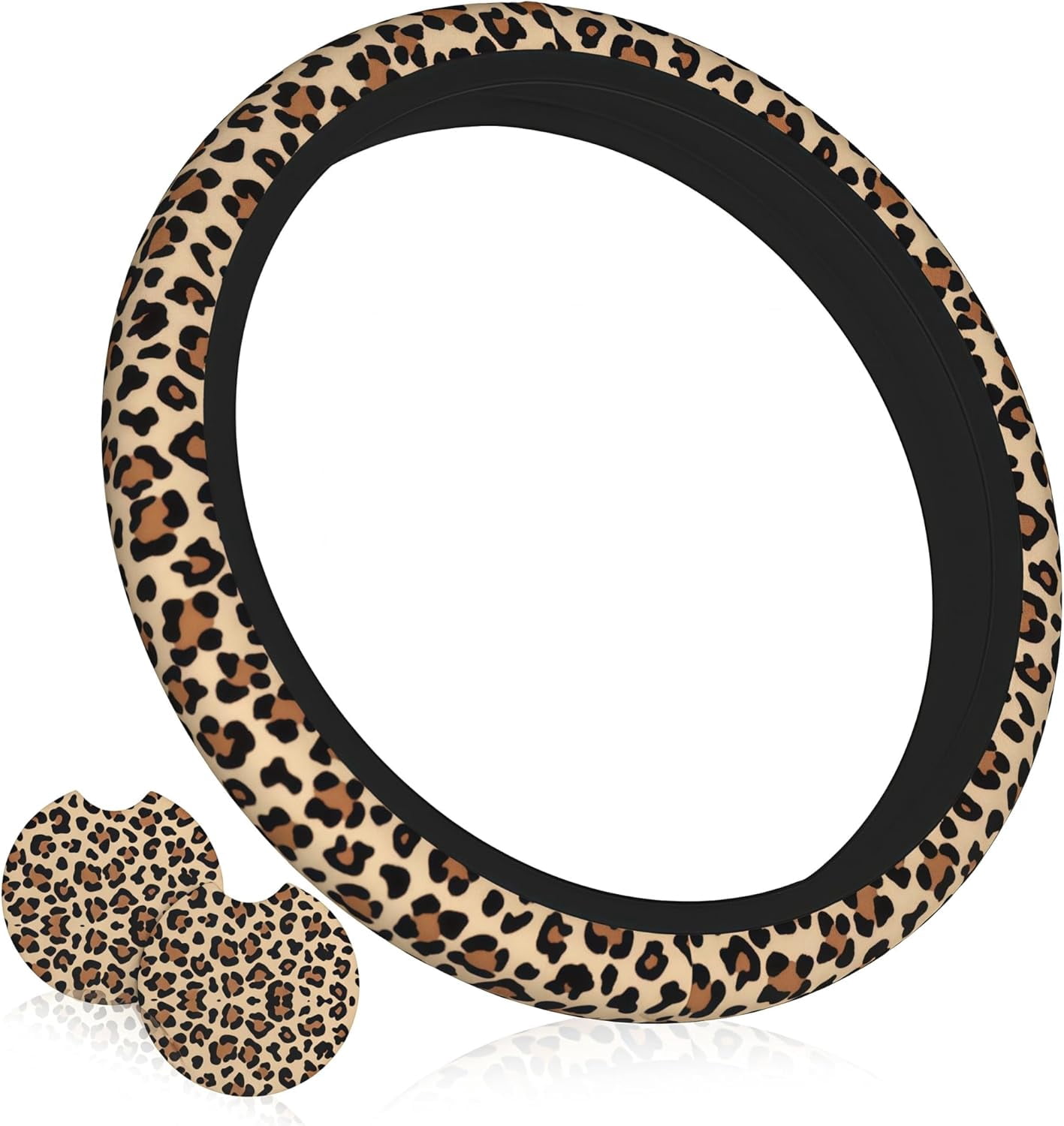 Leopard Cheetah Print Steering Wheel Cover - Universal 14-15 Inch Anti-Slip Breathable with 2pc Animal Print Matching Coasters Set for Men Women