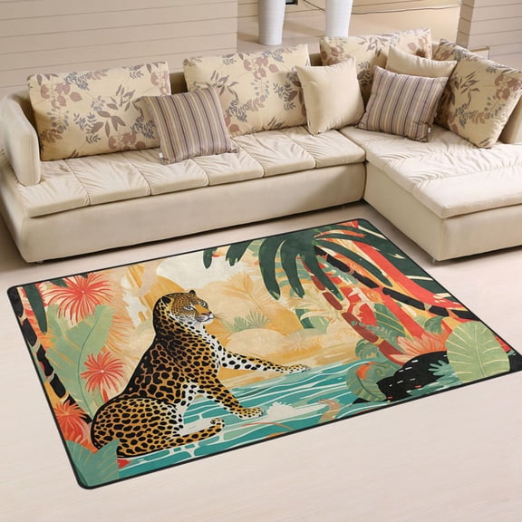 Leopard Cheetah Trees Lake Area Rug Washable Floor Carpet Mat 60 x 39 inch for Bedroom Living Room Kids Room Home Decor