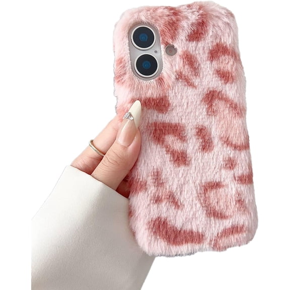 Leopard Cheetah Warm Plush Furry Phone Case for iPhone (Pink,iPhone 15)