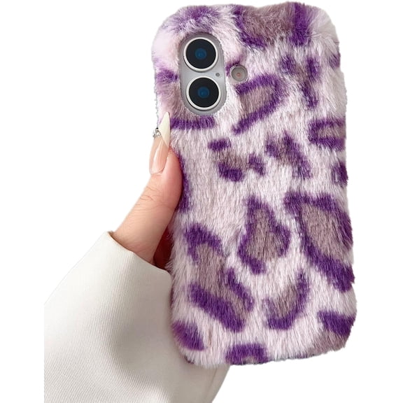 Leopard Cheetah Warm Plush Furry Phone Case for iPhone (Purple,for iPhone 17)