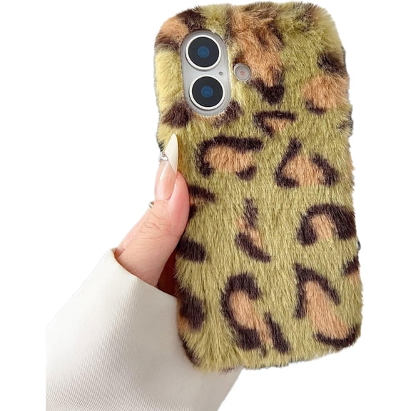 Leopard Cheetah Warm Plush Furry Phone Case for iPhone (Yellow,iPhone 13)