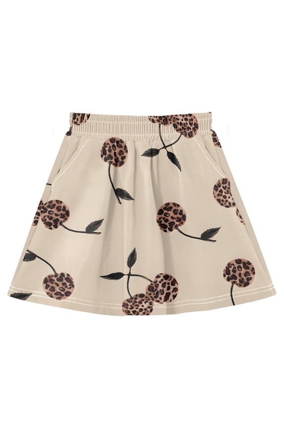 Leopard Cherry Pattern Cotton Skirt Built-in Liner Elastic A-Line Flared Skirt with Pockets