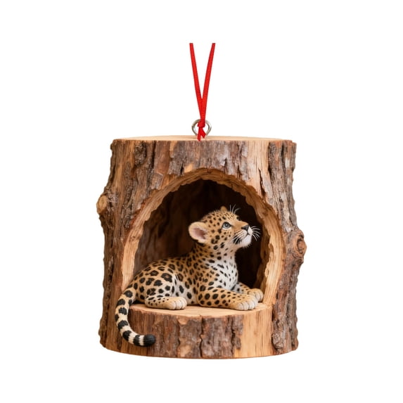 Leopard Christmas Ornament, Rustic Tree Trunk Woodland Animal Hanging Decoration for Christmas Tree, Forest Animal Christmas Ornaments, Holiday Home Decor Gift for Animal Lovers