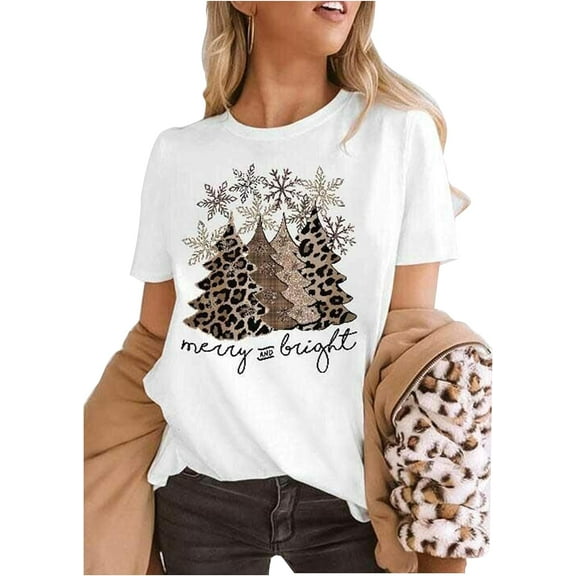 Leopard Christmas Tree Snowflake T Shirts Celebrate Christmas Vacation T Shirts Funny Merry and Bright Graphic Tees Tops