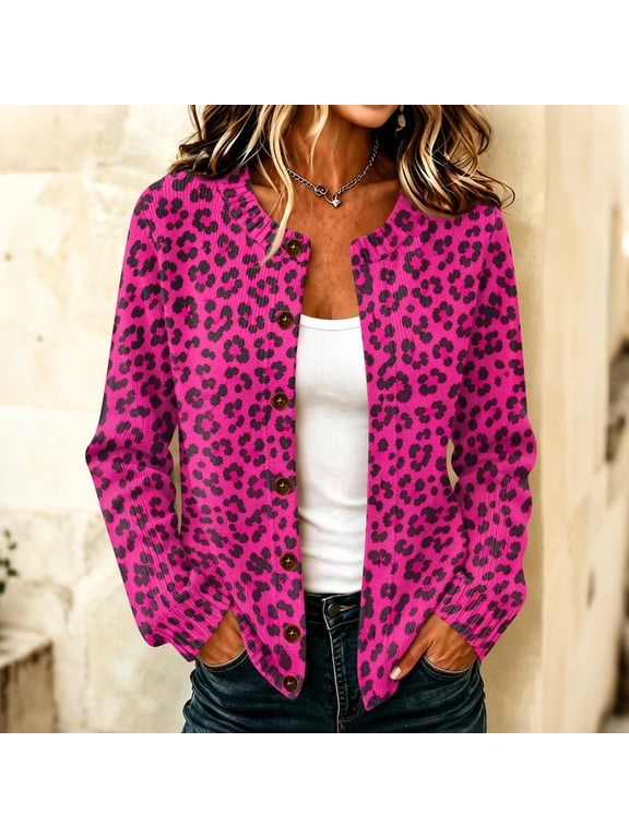Leopard Chunky Knit Cardigan for Women Long Sleeve Cardigan Sweaters Plus Size Leopard Print Casual Tops Fashion Clothing