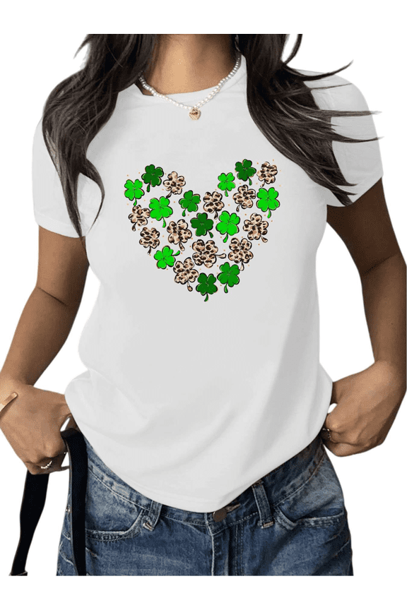 Leopard Clover Heart Graphic Tees Print Tshirt White Shirts S-5XL Womens Casual Holiday Tops