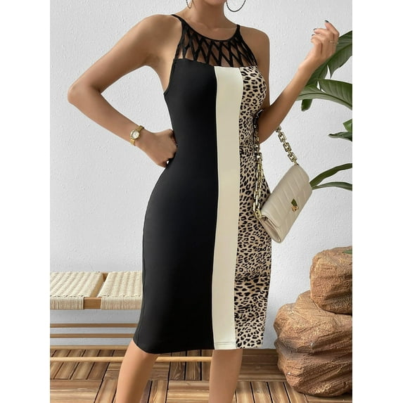 Leopard Color Block Cutout Sleeveless Knee-Length Dress