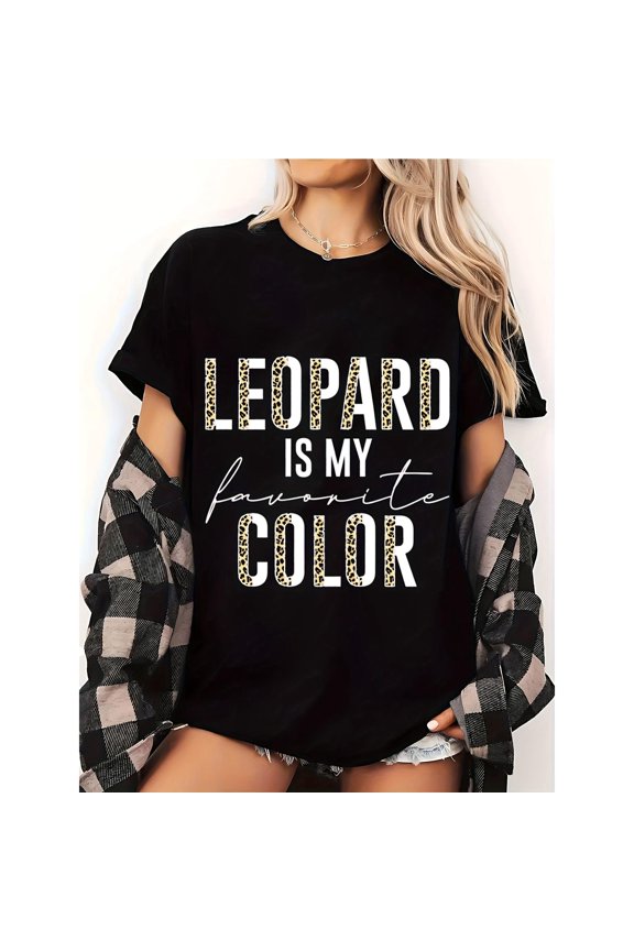 Leopard Color T-Shirt Graphic Tee Slogan Top Cotton Breathable Short Sleeve Casual Black S-5XL
