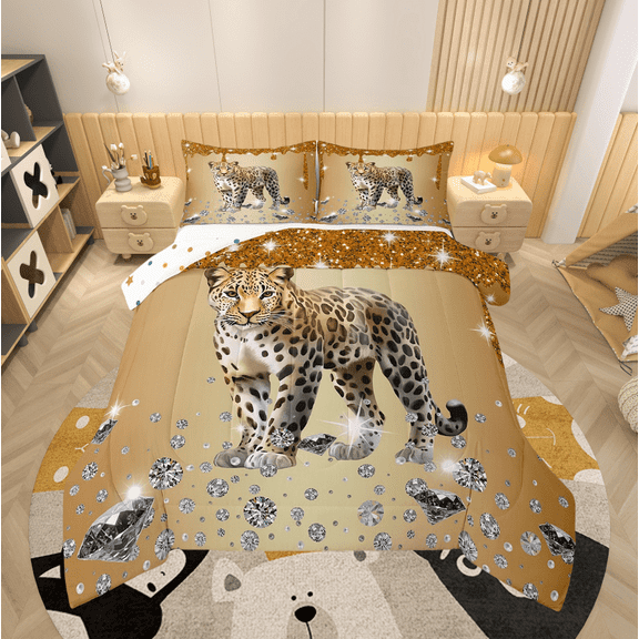 Leopard Comforter Set Brown Sequin Fluid Art Down Comforter,Crystal Diamond Twin Bedding Sets,Safari Animals Quilt Set Animal Cheetah Room Decor