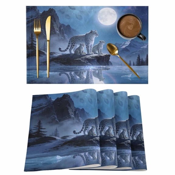 Leopard Cotton Linen Placemats Set of 12, Watercolor Leopard Fantasy Moon Mountain Tree Natural Scenery Washable Table Place Mats Heat Insulating Placemat for Dining Room Kitchen 13 x 19 Inch