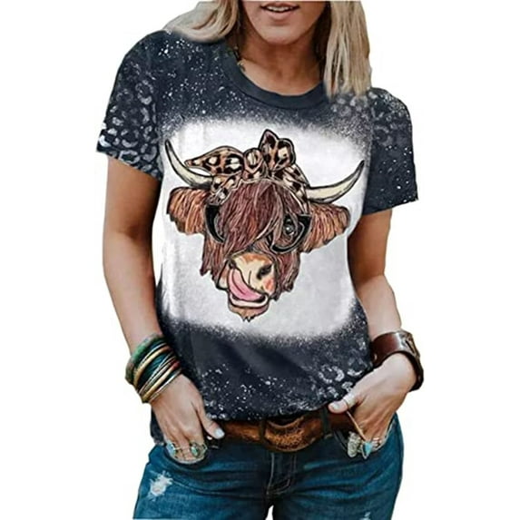 Leopard Cow Highland Cattle T-Shirt Women Western Cute Highland Cow Tees Tops Farm Life Casual Cowgirl Shirts