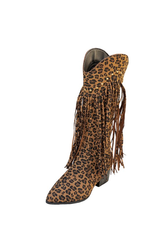 Leopard Cowboy Boots for Women Boho Long Fringe Pointed Toe Wide Mid Calf Tall Riding Cowgirl Booties