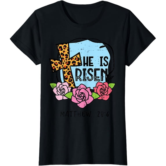 Leopard Cross He Is Risen Easter Jesus Religious Women T-Shirt