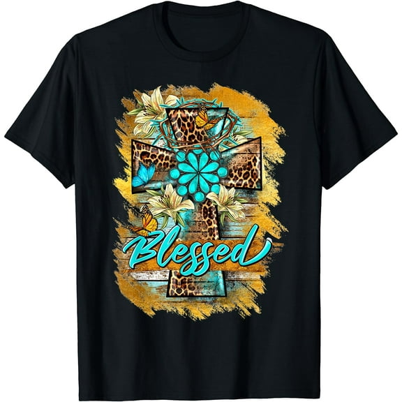 Leopard Cross With Turquoise Flowers Blessed Jesus Christian T-Shirt