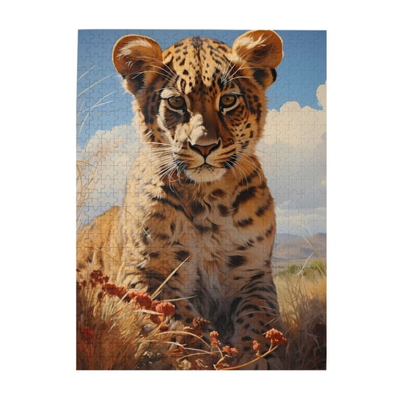 Leopard Cub Grassland Sky 500-Piece Wooden Jigsaw Puzzle for Adults, Fun & Challenging Family Brain-Teaser, Perfect Home Decor & Gift