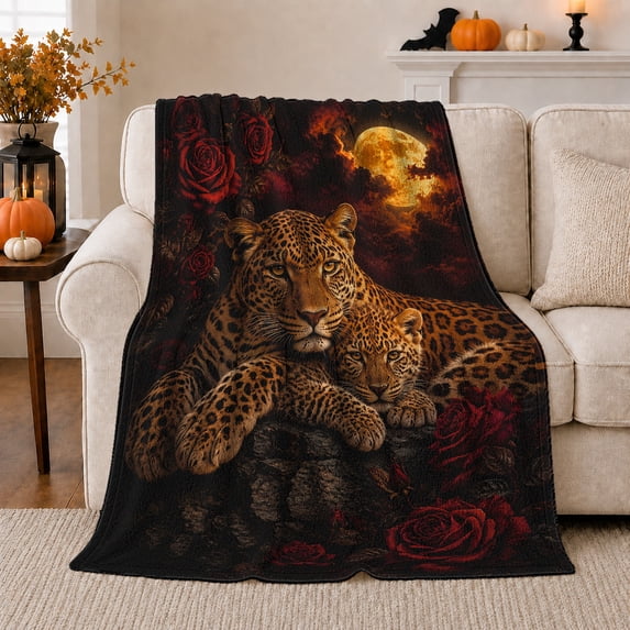 Leopard Cub Moon Roses Tender Wildlife Style, Mystical Celestial Art Scene, Warm Flannel Blanket for Cabin and Lodge, Wildlife Lovers Housewarming Gift, Celestial Home Decor