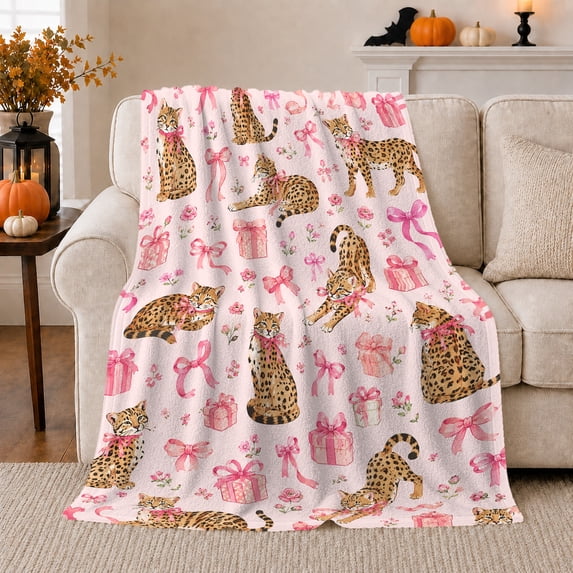 Leopard Cubs Pink Bows, Playful Botanical Garden Scene, Warm Flannel Blanket for Cabin and Lodge with Detailed Artwork, Wildlife Lovers Housewarming Gift, Artistic Home Decor