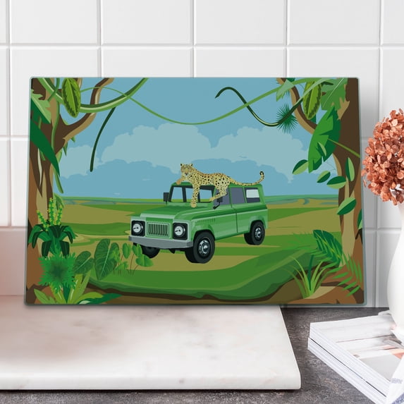 Leopard Cutting Board, Safari Vehicle in the Center of a Jungle with Animal on Top Adventurous Theme, Decorative Tempered Glass Cutting and Serving Board, in 3 Sizes, by Ambesonne