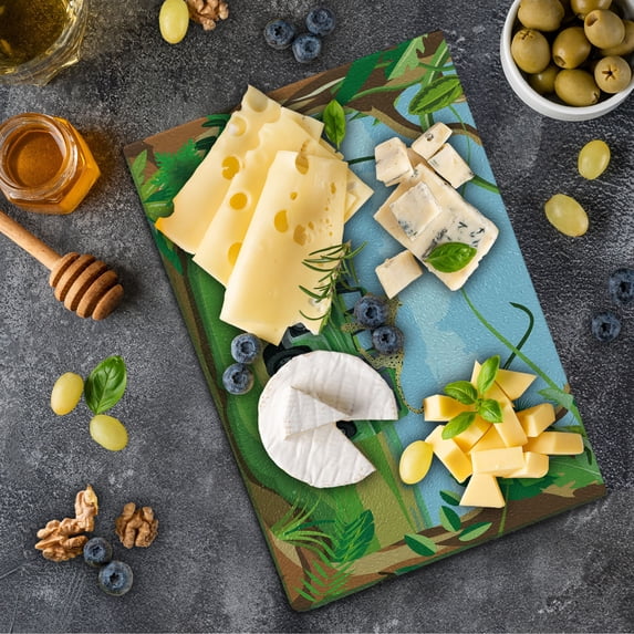Leopard Cutting Board, Safari Vehicle in the Center of a Jungle with Animal on Top Adventurous Theme, Decorative Tempered Glass Cutting and Serving Board, in 3 Sizes, by Ambesonne