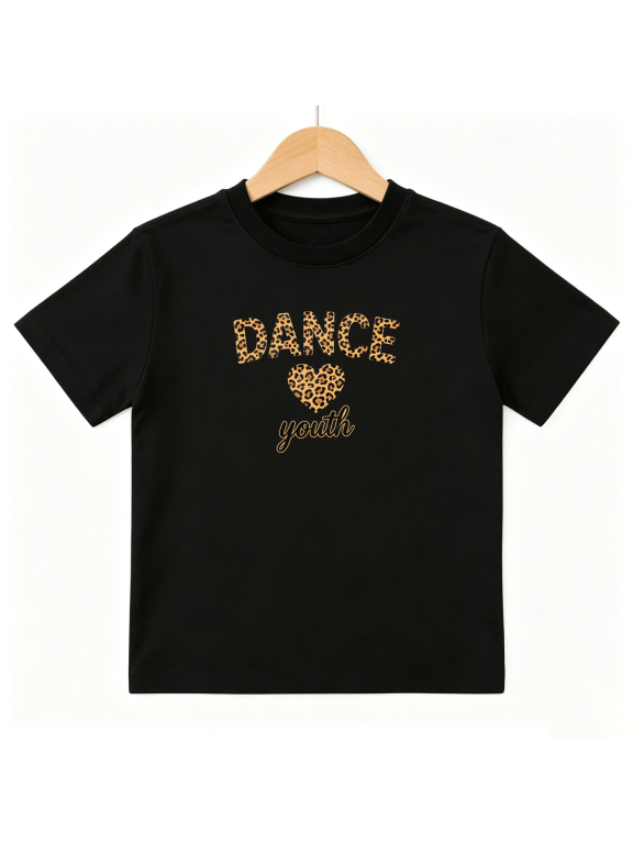 Leopard Dance Girls Graphic Tee, Cute Youth Heart Dancer 100% Cotton Kids Short Sleeve T-Shirt