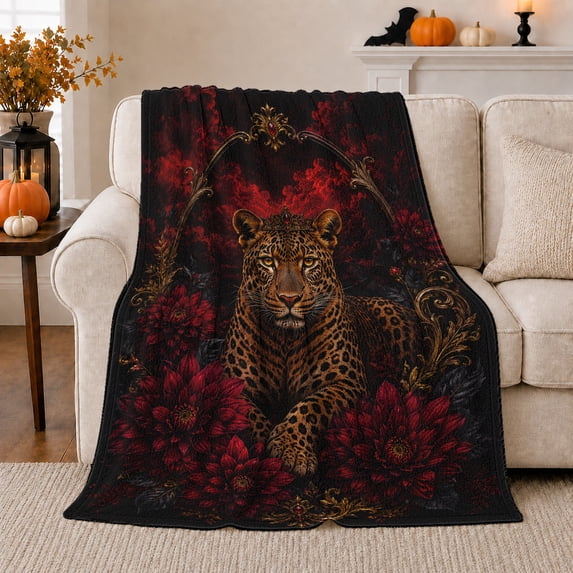 Leopard Dark Red Floral Garden Regal Wildlife Style, Dramatic Botanical Garden Scene, Warm Flannel Blanket for Cabin and Lodge, Wildlife Lovers Valentine's Day Gift, Botanical Home Decor