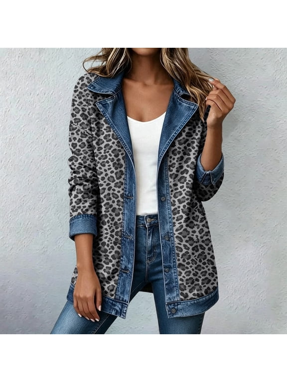 Leopard Denim Jacket for Women Patchwork Button Down Cardigan Jean Jackets Dark Gray M