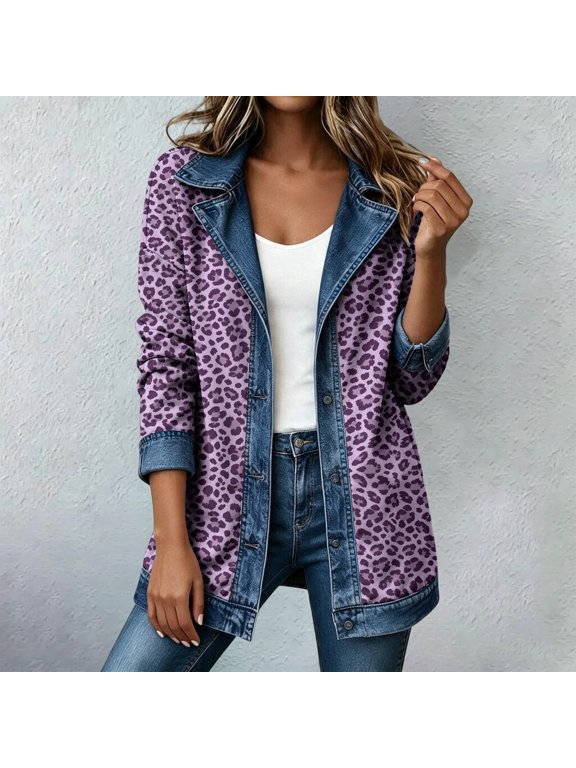 Leopard Denim Jacket for Women Patchwork Button Down Cardigan Jean Jackets Purple XXL
