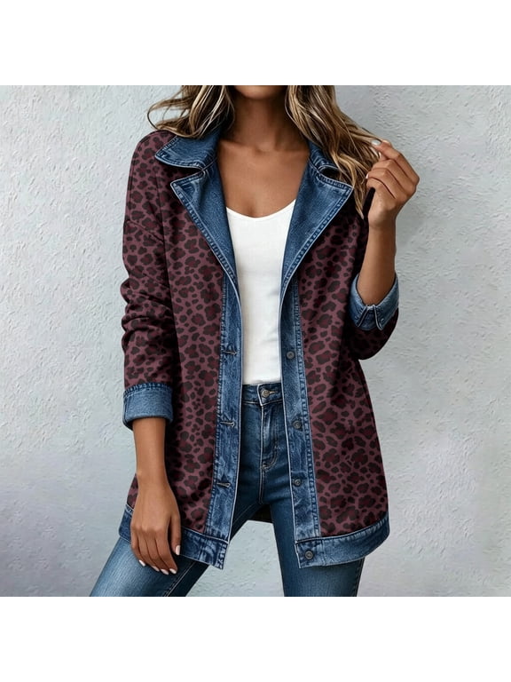 Leopard Denim Jacket for Women Patchwork Button Down Cardigan Jean Jackets Wine XL