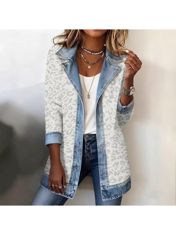 Leopard Denim Jacket for Women Y2K Patchwork Button Cardigan Coats Fashion Fall Tops Light Gray L