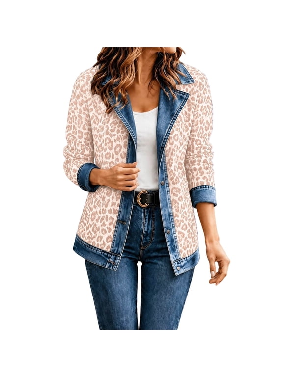 Leopard Denim Jackets for Women Long Sleeve Cheetah Patchwork Jean Coat Y2K Fall Casual Streetwear Outerwear