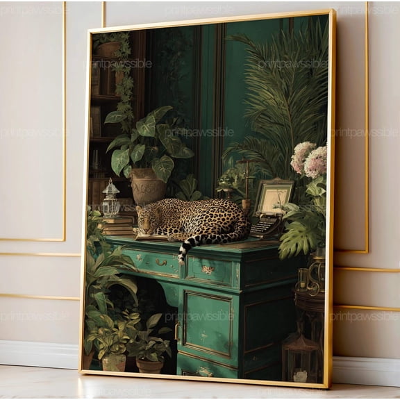 Leopard Desk Wall Art Print Vintage Jungle Home Decor