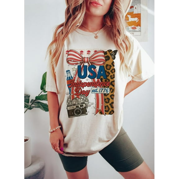 Leopard Disco Bow T-shirt, Vintage 4th of July, Retro USA Girl, Patriotic Camera Tee, Independence Day Outfit