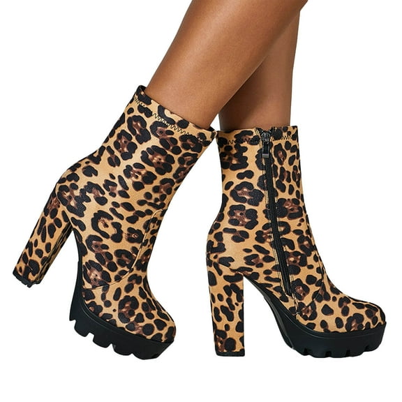 Leopard Dress Boots for Women Fashion Platform Chunky High Heels Ankle Booties Winter Fall Mid Calf Short Boots