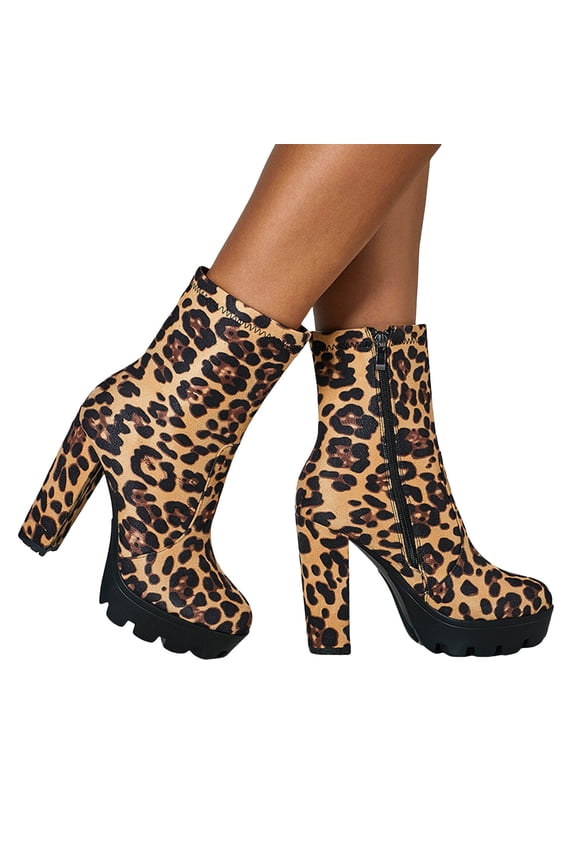 Leopard Dress Boots for Women Fashion Platform Chunky High Heels Ankle Booties Winter Fall Mid Calf Short Boots