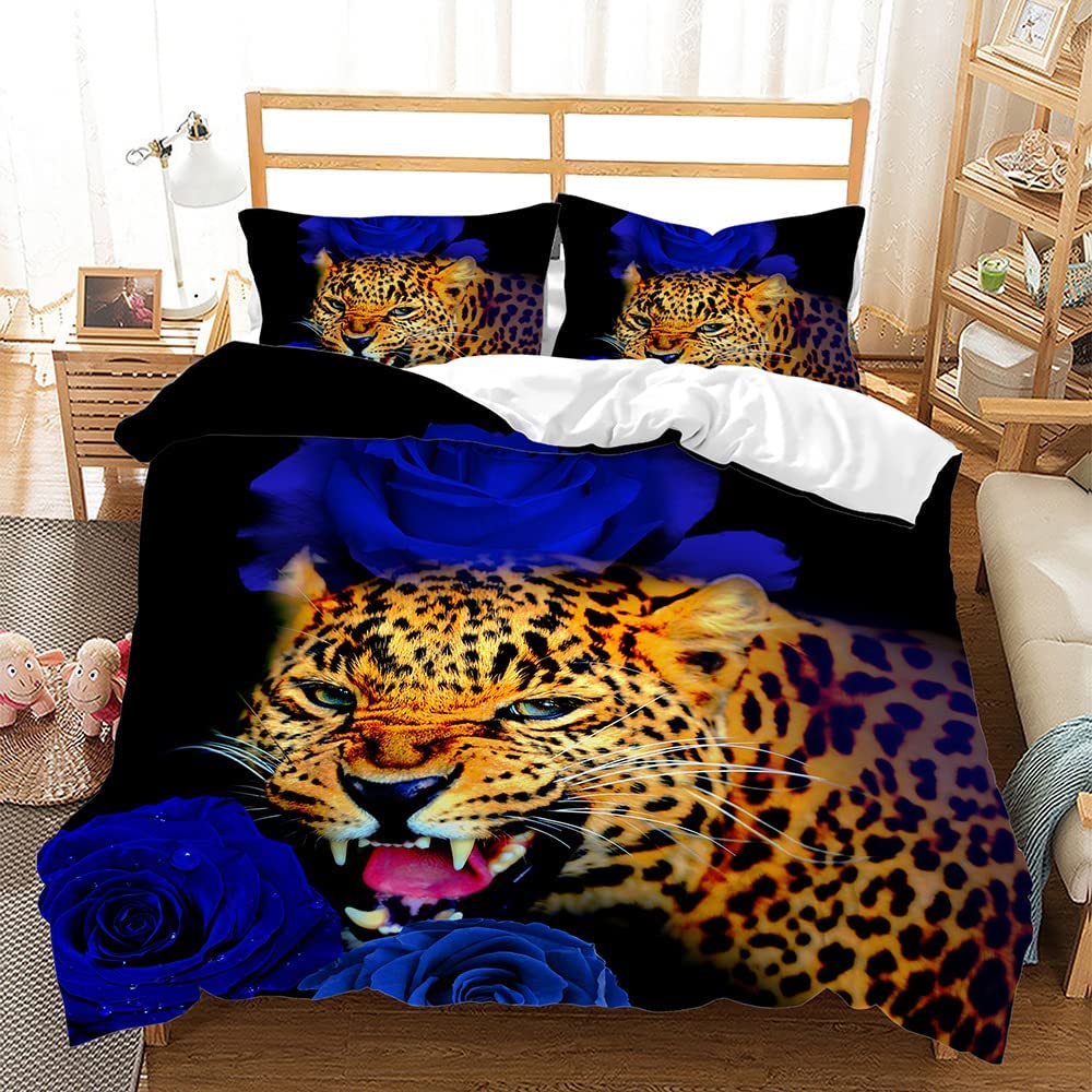 Leopard Duvet Cover Set African Animals Cheetah with Blue Rose Bedding