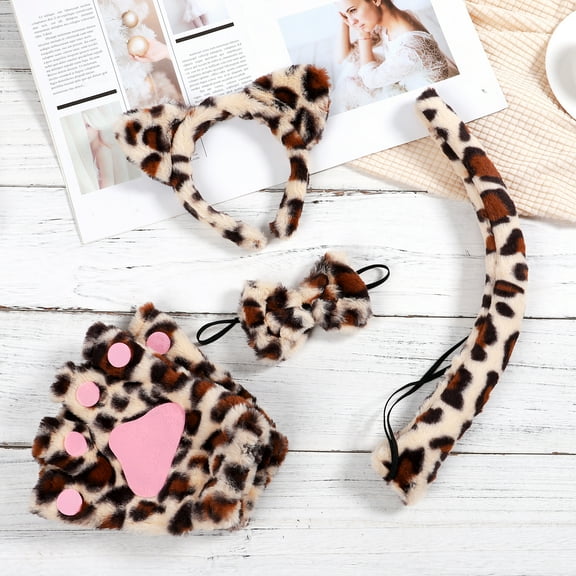 TINKSKY KALLORY 1 Set Leopard Ears and Tail with Faux Fur Paw Gloves Bow Tie Cat Ears and Tail for Cosplay Costume Accessories