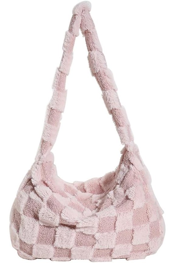 Fluffy Checkerboard Shoulder Bag for Women Plush Plaid Hobo Tote Bag Casual Lightweight Work Shopping Furry Purse